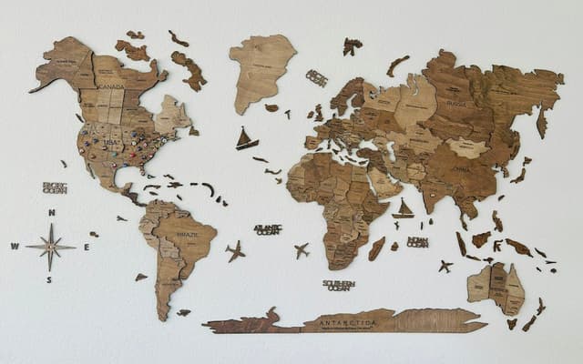 Reference image — a decorative wooden world map on a wall