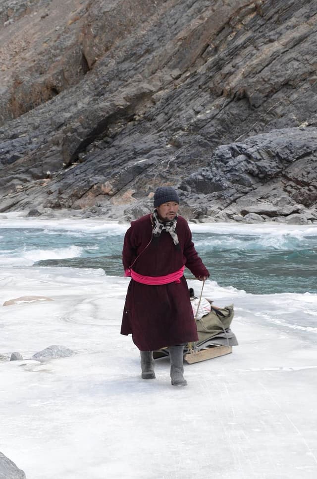 Trekkers crossing the frozen Zanskar river on Chadar