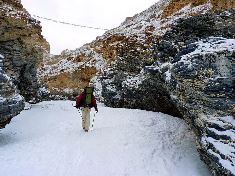 Trekkers on the frozen Zanskar river, Chadar trek, Ladakh